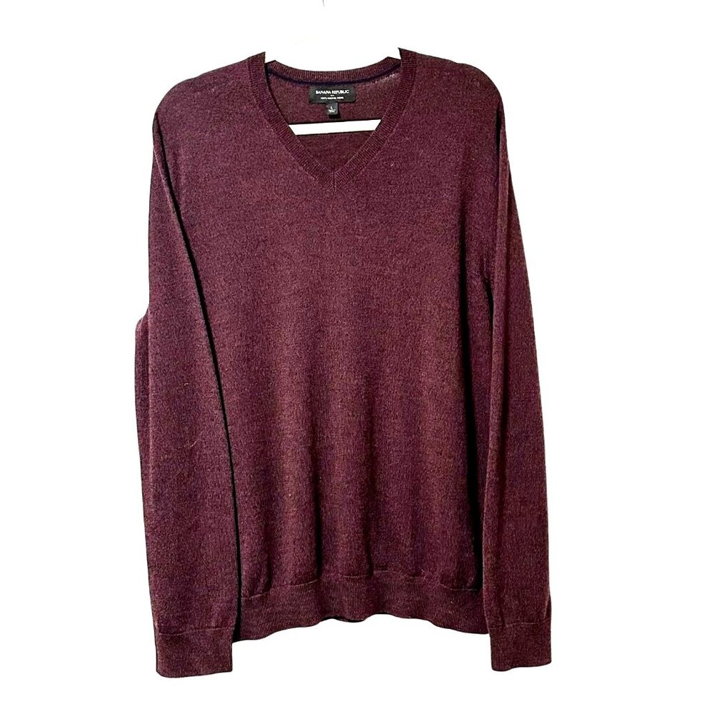 Banana Republic Mens‎ Merino Wool V-Neck Sweater Large Burgundy Maroon Classic - Picture 2 of 10